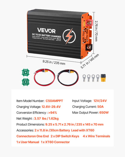 VEVOR DC to DC Charger with MPPT, 650W, 50A On-Board Battery Charger, Solar Panel/Alternator Dual Input, Smart Multi-Stage Charging for LiFePO4 Lead-Acid Batteries, 12V/24V-12V/24V, for RV Home Backup - DCDCSDY12V24H29ZZ001V9 - view 8