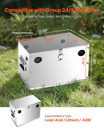 VEVOR Battery Box, Group 24/31 Trolling Motor Battery Box, Marine Batteries Case with Lock, Handles and Rubber-Grommet Cable Holes, Stainless Steel Shell, Suitable for Cars, Boats & Trolling Motors - DCHJSDCH24278S2YB001V0 - view 3