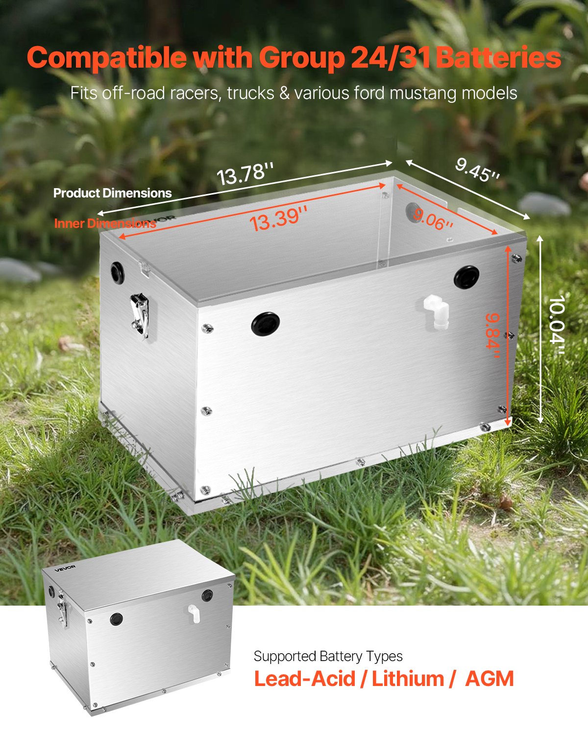 VEVOR Battery Box, Group 24/31 Trolling Motor Battery Box, Marine Batteries Case with Rubber-Grommet Cable Holes, Aluminum Alloy Shell Storage Case, Easy Installation, for Off-Road Racers, Trucks - DCHJSDCH2427J5FSM001V0 - view 3