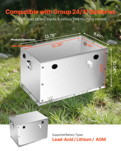VEVOR Battery Box, Group 24/31 Trolling Motor Battery Box, Marine Batteries Case with Rubber-Grommet Cable Holes, Aluminum Alloy Shell Storage Case, Easy Installation, for Off-Road Racers, Trucks - DCHJSDCH2427J5FSM001V0 - view 3