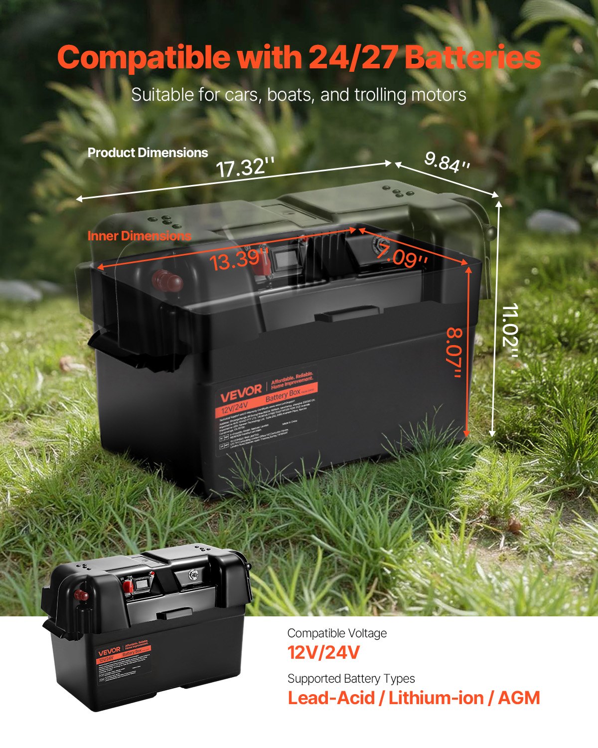 VEVOR Battery Box, Group 24/27 Trolling Motor Battery Box, 12V/24V Marine Batteries Case with PP Shell and Dual Straps, Smart Batteries Case, Suitable for Trolling Motor, Marine,RV & Solar Panel - DCHZNDCH2427NQR8I001V1 - view 3