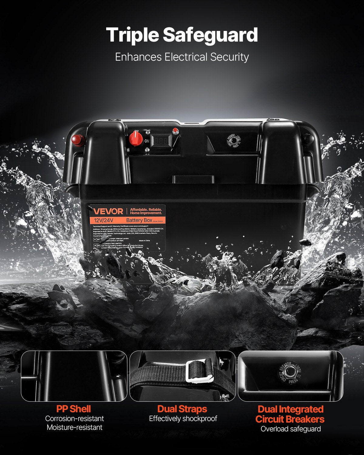 VEVOR Battery Box, Group 24/27 Trolling Motor Battery Box, 12V/24V Marine Batteries Case with PP Shell and Dual Straps, Smart Batteries Case, Suitable for Trolling Motor, Marine,RV & Solar Panel - DCHZNDCH2427NQR8I001V1 - view 4