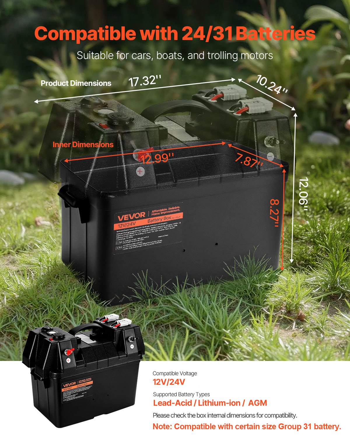VEVOR Battery Box, Group 24/31 Trolling Motor Battery Box, 12V/24V Marine Batteries Case with PP Shell and Dual Straps, Smart Batteries Case, Suitable for Trolling Motor, Marine,RV & Solar Panel - DCHZNDCH2431L6I6L001V1 - view 3