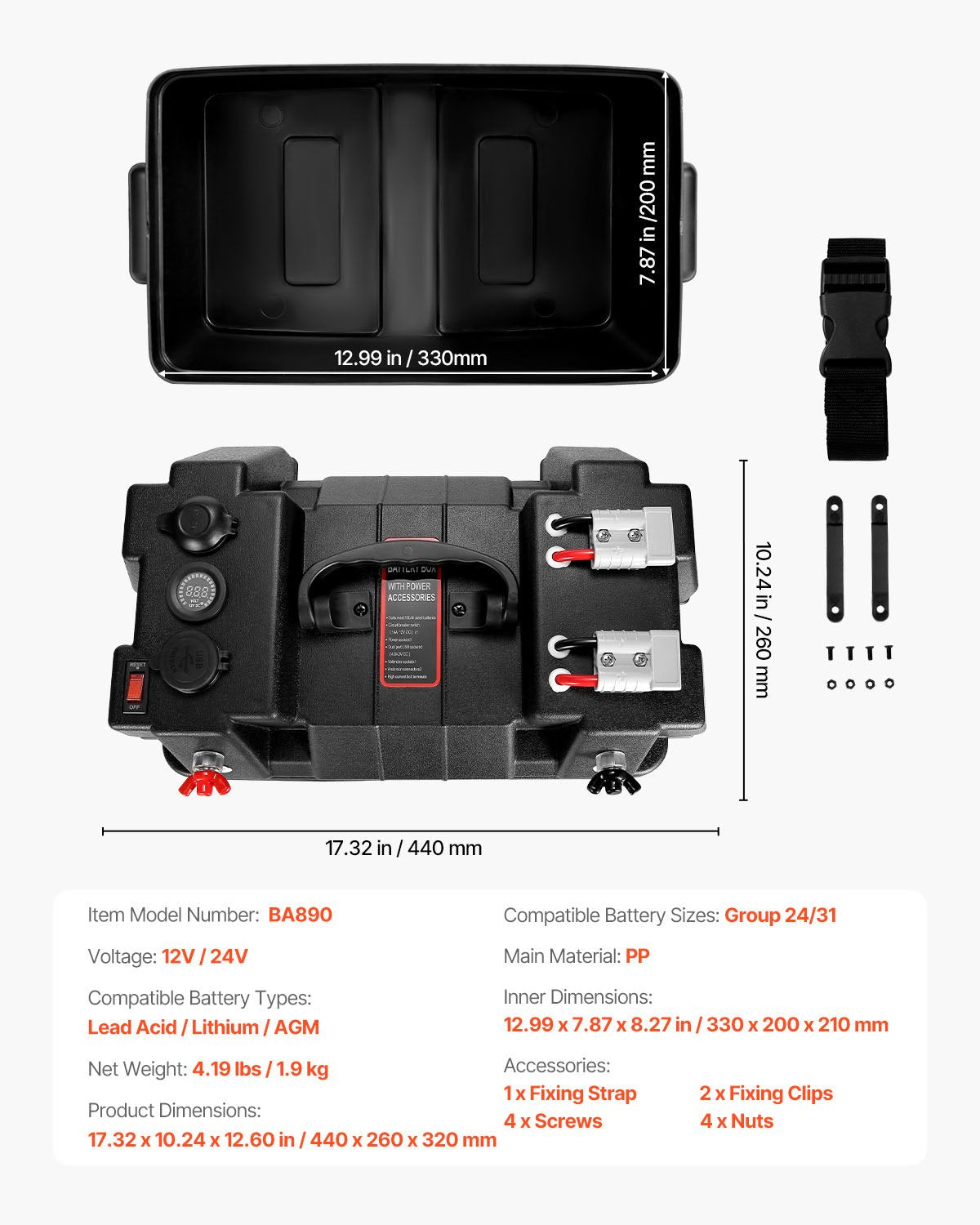 VEVOR Battery Box, Group 24/31 Trolling Motor Battery Box, 12V/24V Marine Batteries Case with PP Shell and Dual Straps, Smart Batteries Case, Suitable for Trolling Motor, Marine,RV & Solar Panel - DCHZNDCH2431L6I6L001V1 - view 8