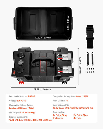 VEVOR Battery Box, Group 24/31 Trolling Motor Battery Box, 12V/24V Marine Batteries Case with PP Shell and Dual Straps, Smart Batteries Case, Suitable for Trolling Motor, Marine,RV & Solar Panel - DCHZNDCH2431L6I6L001V1 - view 8