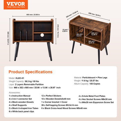 VEVOR Record Player Stand, Turntable Stand Holds Up to 100 Albums, Vintage Vinyl Record Cabinet with Removable Shelves, Record Player Table with Adjustable Height for Living Room, Bedroom, Brown - DCJJMZLC100ZEC3R0V0 - view 8