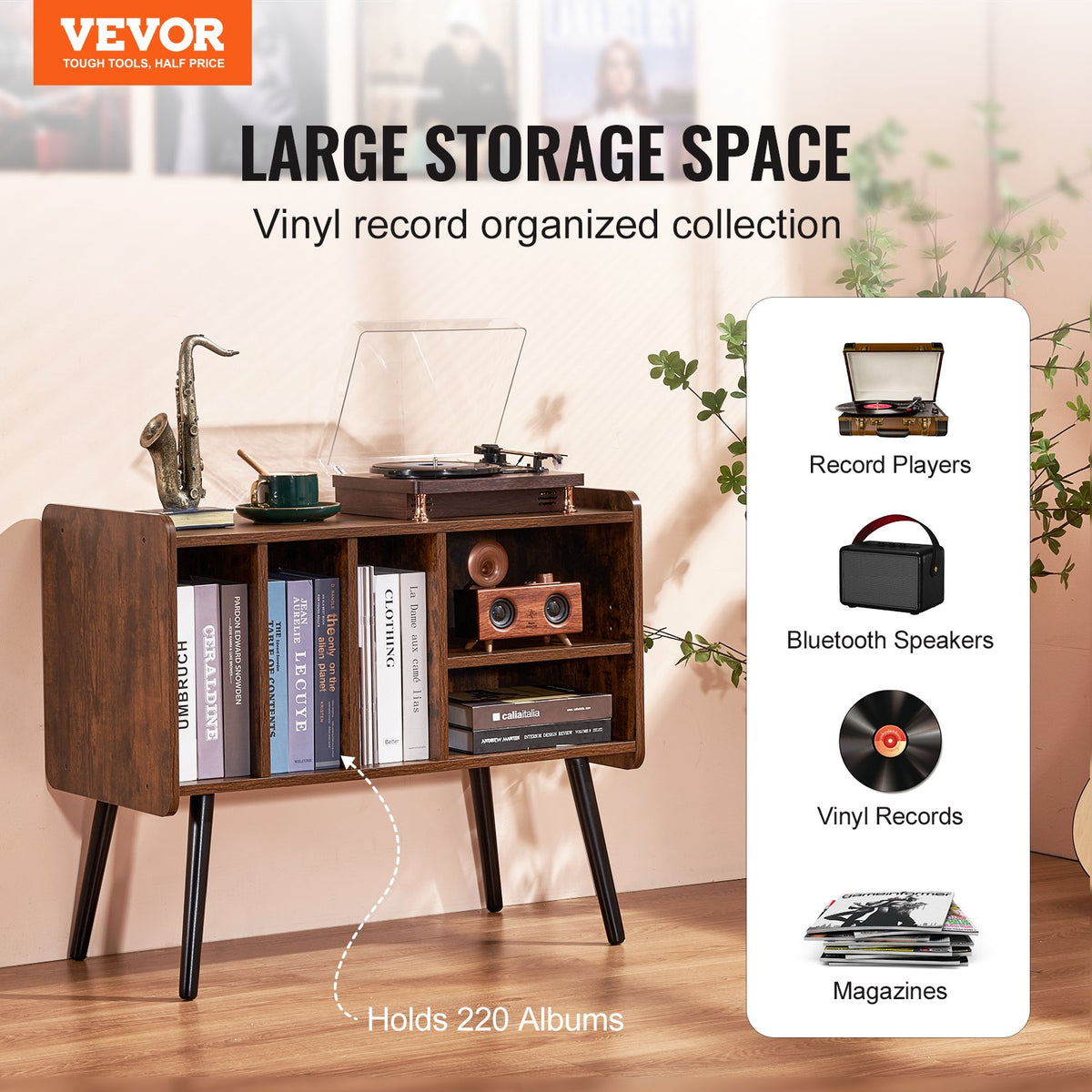 VEVOR Record Player Stand, Turntable Stand Holds Up to 220 Albums, Vintage Vinyl Record Cabinet with Removable Shelves, Record Player Table with Adjustable Height for Living Room, Bedroom, Brown - DCJJMZLC220Z7SYPLV0 - view 3