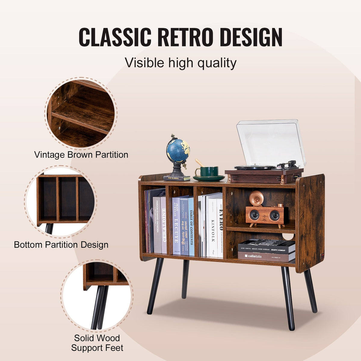 VEVOR Record Player Stand, Turntable Stand Holds Up to 220 Albums, Vintage Vinyl Record Cabinet with Removable Shelves, Record Player Table with Adjustable Height for Living Room, Bedroom, Brown - DCJJMZLC220Z7SYPLV0 - view 6