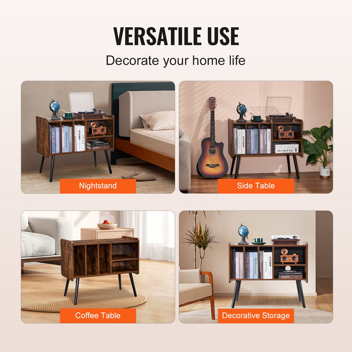 VEVOR Record Player Stand, Turntable Stand Holds Up to 220 Albums, Vintage Vinyl Record Cabinet with Removable Shelves, Record Player Table with Adjustable Height for Living Room, Bedroom, Brown - DCJJMZLC220Z7SYPLV0 - view 7