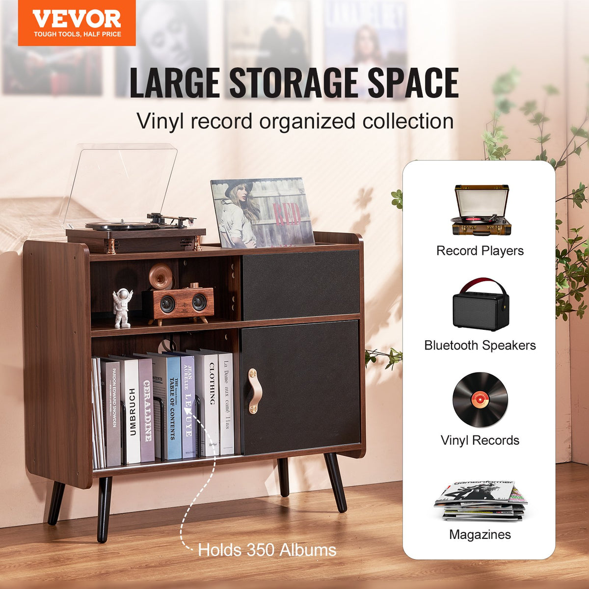 VEVOR Record Player Stand with Power Outlet, Turntable Stand Holds Up to 350 Albums, Record Player Table with Vintage Vinyl Record Storage for Living Room, Bedroom, Brown - DCJJMZSC300ZOFZE8V1 - view 3
