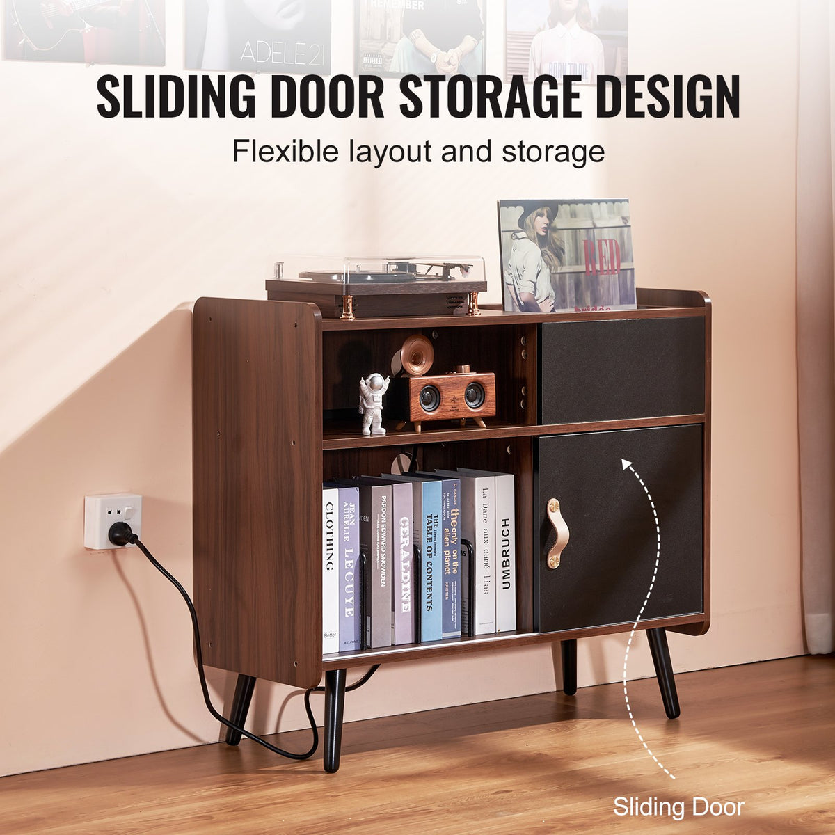 VEVOR Record Player Stand with Power Outlet, Turntable Stand Holds Up to 350 Albums, Record Player Table with Vintage Vinyl Record Storage for Living Room, Bedroom, Brown - DCJJMZSC300ZOFZE8V1 - view 4
