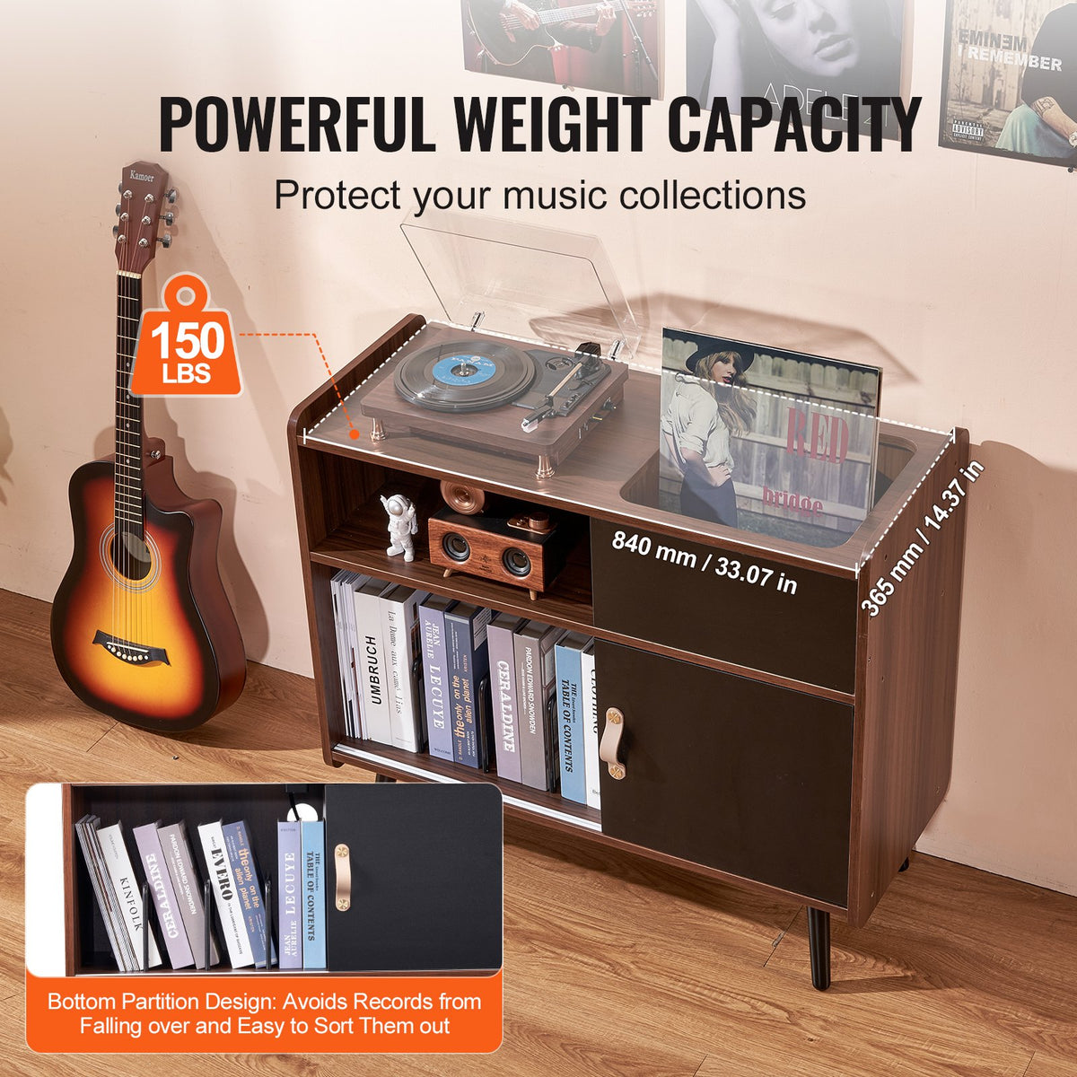 VEVOR Record Player Stand with Power Outlet, Turntable Stand Holds Up to 350 Albums, Record Player Table with Vintage Vinyl Record Storage for Living Room, Bedroom, Brown - DCJJMZSC300ZOFZE8V1 - view 5