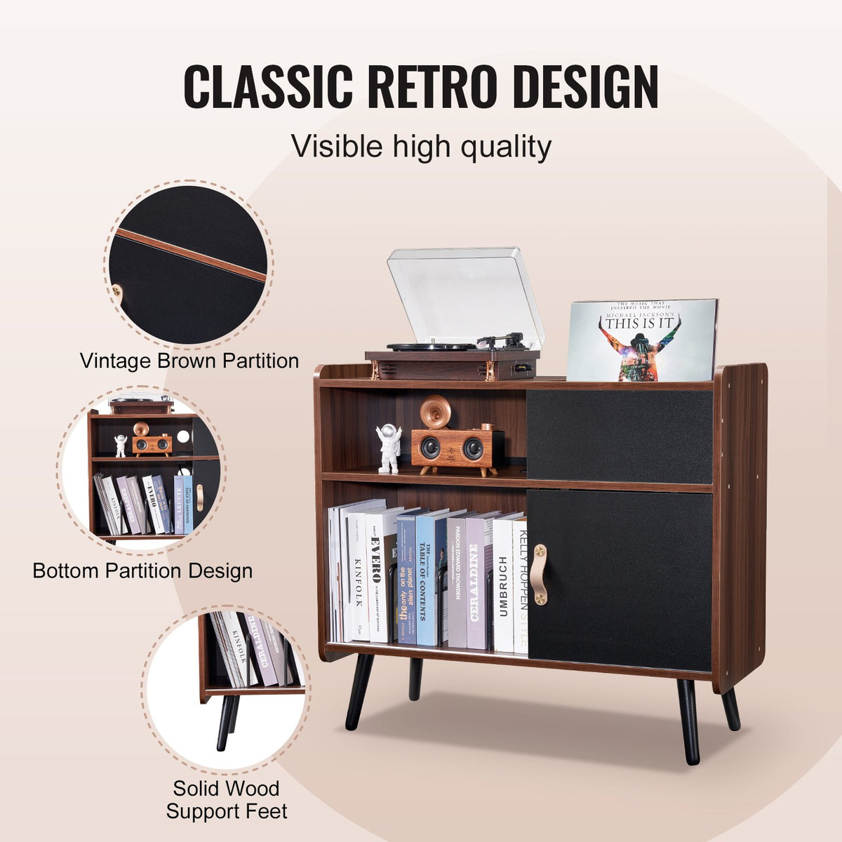 VEVOR Record Player Stand with Power Outlet, Turntable Stand Holds Up to 350 Albums, Record Player Table with Vintage Vinyl Record Storage for Living Room, Bedroom, Brown - DCJJMZSC300ZOFZE8V1 - view 6