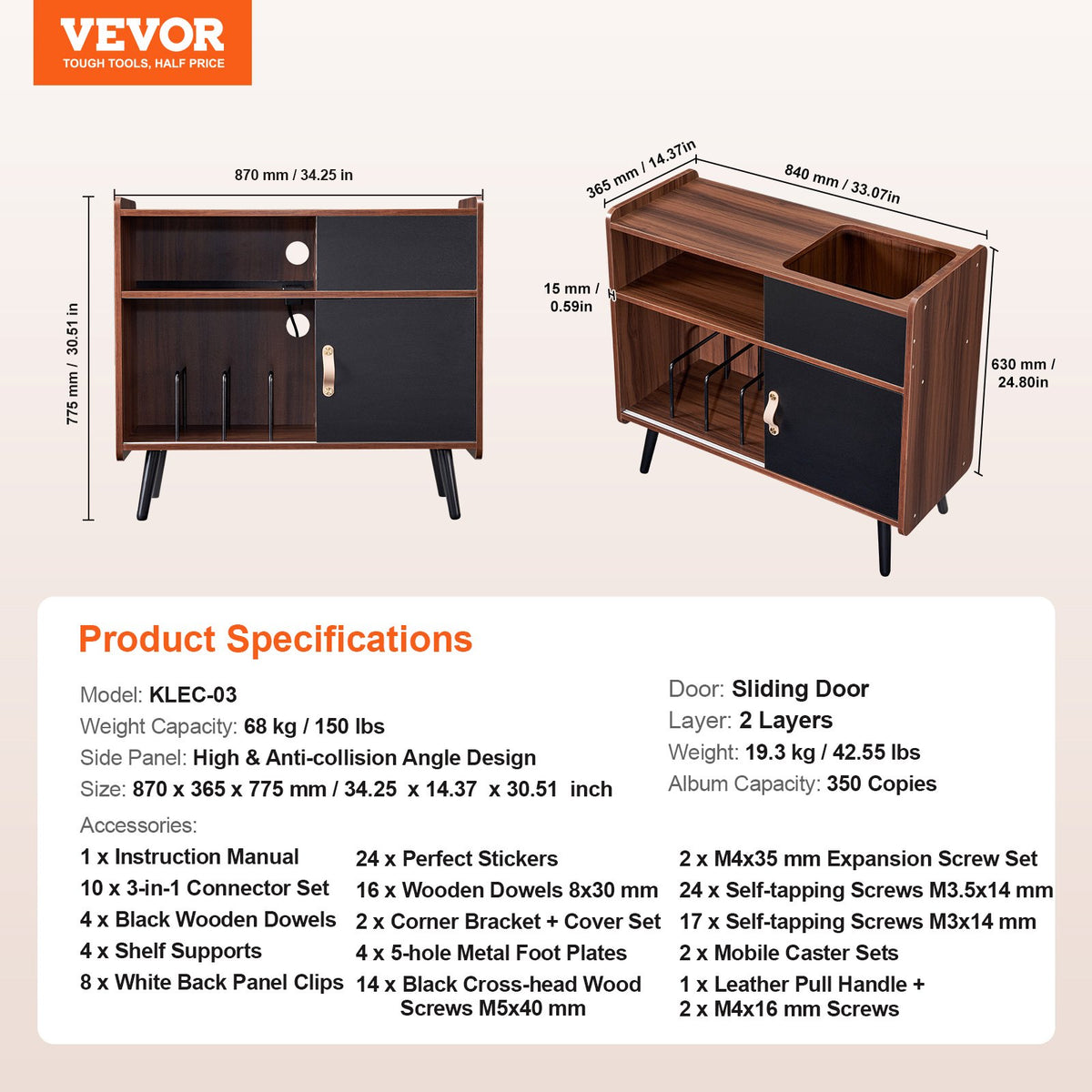 VEVOR Record Player Stand with Power Outlet, Turntable Stand Holds Up to 350 Albums, Record Player Table with Vintage Vinyl Record Storage for Living Room, Bedroom, Brown - DCJJMZSC300ZOFZE8V1 - view 8