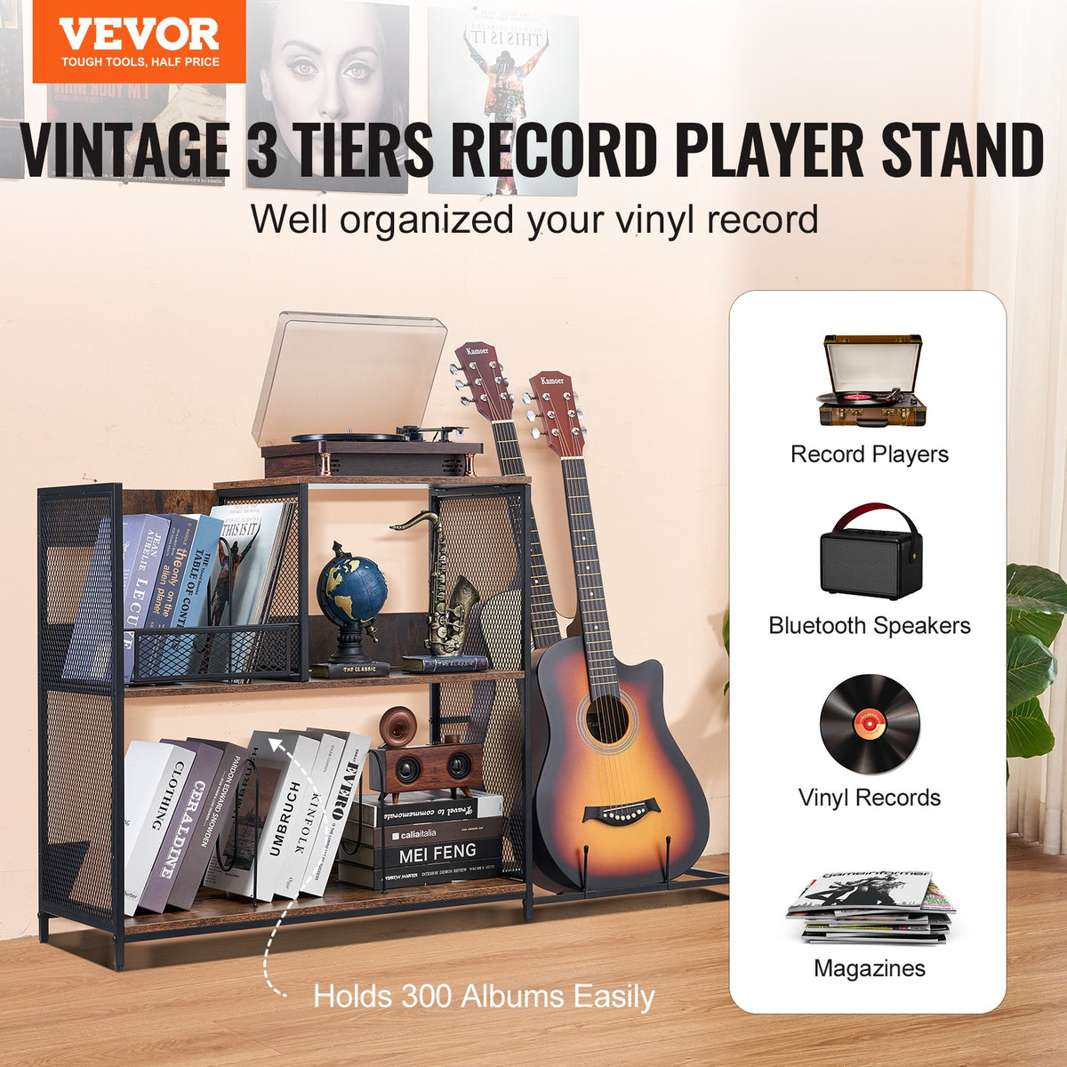 VEVOR 3-Tier Record Player Stand with Guitar Holder, Turntable Stand with Storage Holds Up to 300 Albums, Vinyl Record Cabinet with Metal Mesh Frame for Living Room, Bedroom, Black - DCJJTMSC300Z9HOHUV0 - view 3
