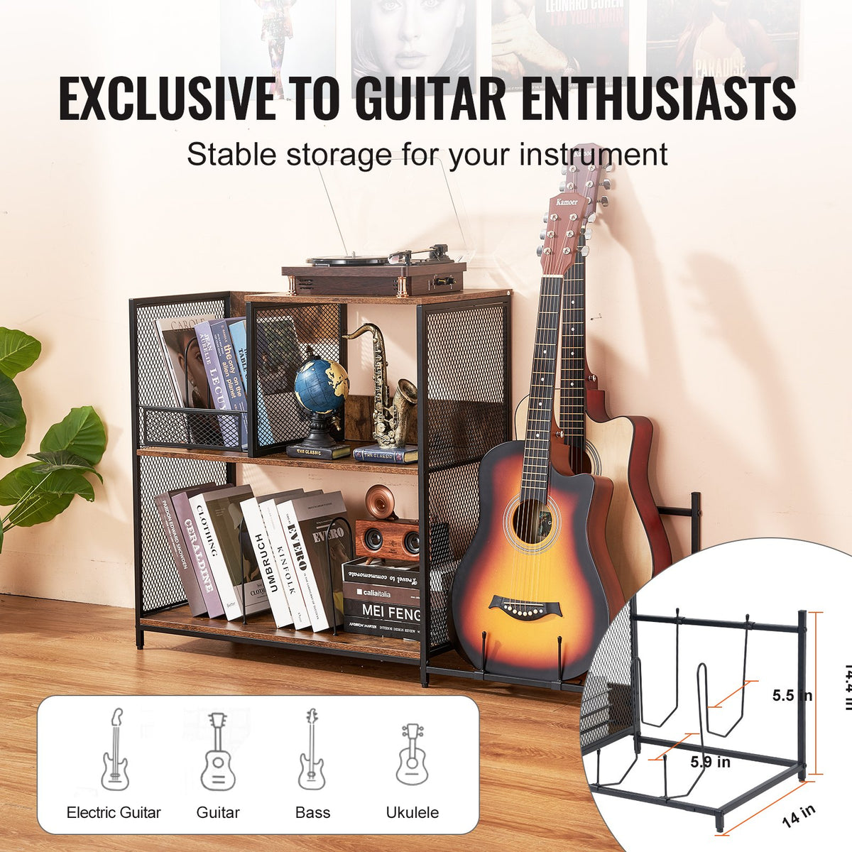 VEVOR 3-Tier Record Player Stand with Guitar Holder, Turntable Stand with Storage Holds Up to 300 Albums, Vinyl Record Cabinet with Metal Mesh Frame for Living Room, Bedroom, Black - DCJJTMSC300Z9HOHUV0 - view 4