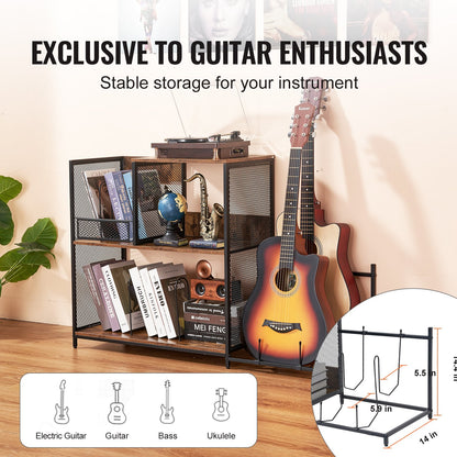 VEVOR 3-Tier Record Player Stand with Guitar Holder, Turntable Stand with Storage Holds Up to 300 Albums, Vinyl Record Cabinet with Metal Mesh Frame for Living Room, Bedroom, Black - DCJJTMSC300Z9HOHUV0 - view 4