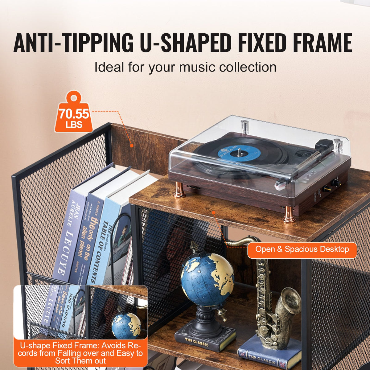 VEVOR 3-Tier Record Player Stand with Guitar Holder, Turntable Stand with Storage Holds Up to 300 Albums, Vinyl Record Cabinet with Metal Mesh Frame for Living Room, Bedroom, Black - DCJJTMSC300Z9HOHUV0 - view 5