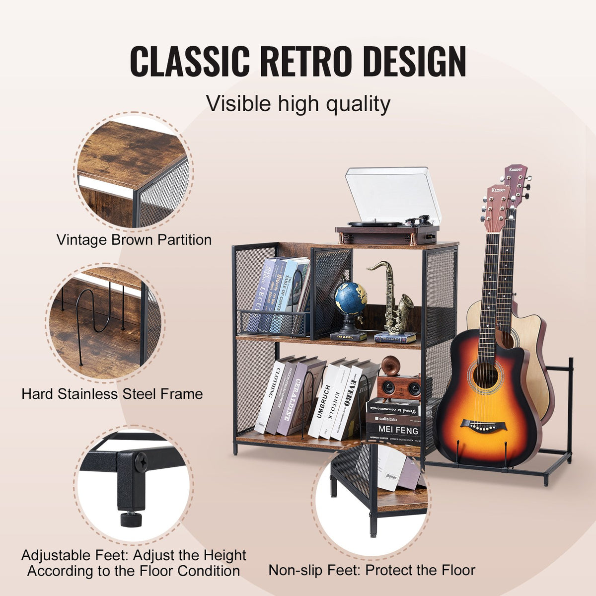 VEVOR 3-Tier Record Player Stand with Guitar Holder, Turntable Stand with Storage Holds Up to 300 Albums, Vinyl Record Cabinet with Metal Mesh Frame for Living Room, Bedroom, Black - DCJJTMSC300Z9HOHUV0 - view 6