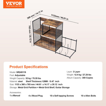 VEVOR 3-Tier Record Player Stand with Guitar Holder, Turntable Stand with Storage Holds Up to 300 Albums, Vinyl Record Cabinet with Metal Mesh Frame for Living Room, Bedroom, Black - DCJJTMSC300Z9HOHUV0 - view 8
