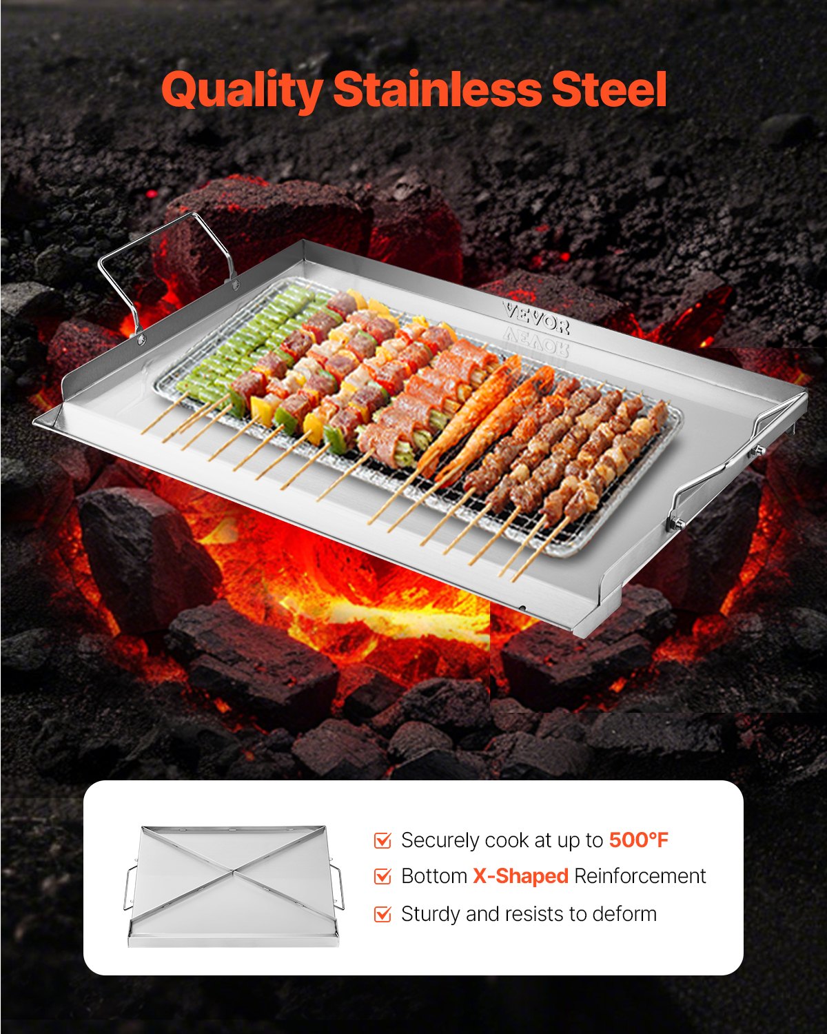 VEVOR Stainless Steel Griddle, 23x16 inch Universal Flat Top Rectangular Plate, Gas Grill Griddle for BBQ Grill, Teppanyaki, Portable Family Cookware with Handle, for Camping Tailgating Party - DCJPBXG2316IQ5MBZV0 - view 3