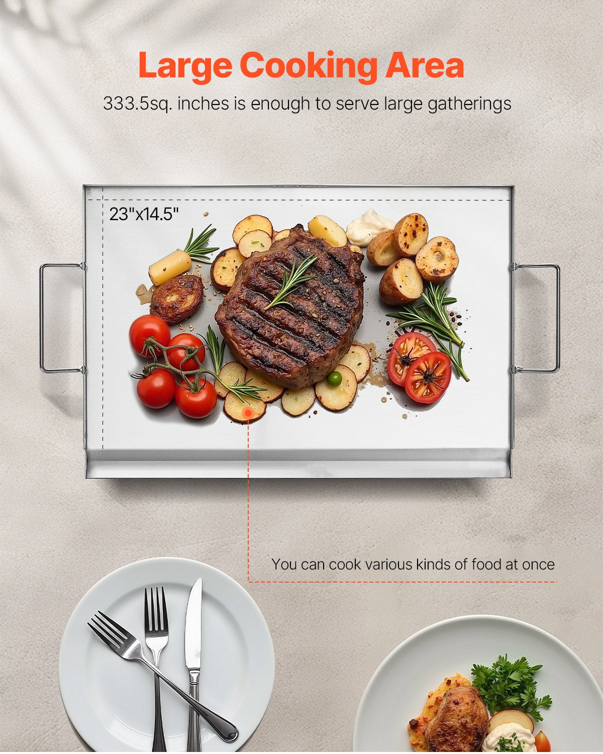 VEVOR Stainless Steel Griddle, 23x16 inch Universal Flat Top Rectangular Plate, Gas Grill Griddle for BBQ Grill, Teppanyaki, Portable Family Cookware with Handle, for Camping Tailgating Party - DCJPBXG2316IQ5MBZV0 - view 5