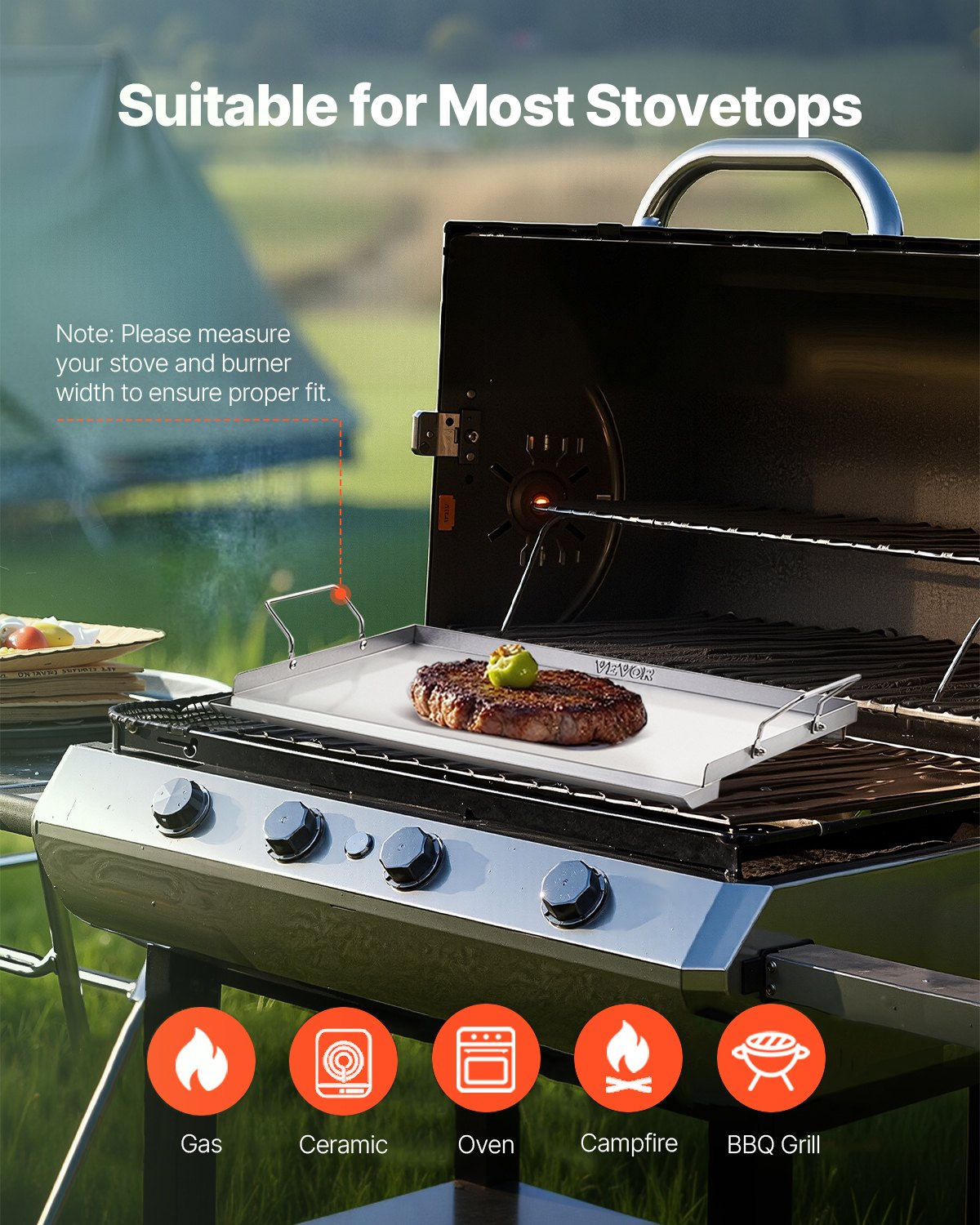 VEVOR Stainless Steel Griddle, 23x16 inch Universal Flat Top Rectangular Plate, Gas Grill Griddle for BBQ Grill, Teppanyaki, Portable Family Cookware with Handle, for Camping Tailgating Party - DCJPBXG2316IQ5MBZV0 - view 7