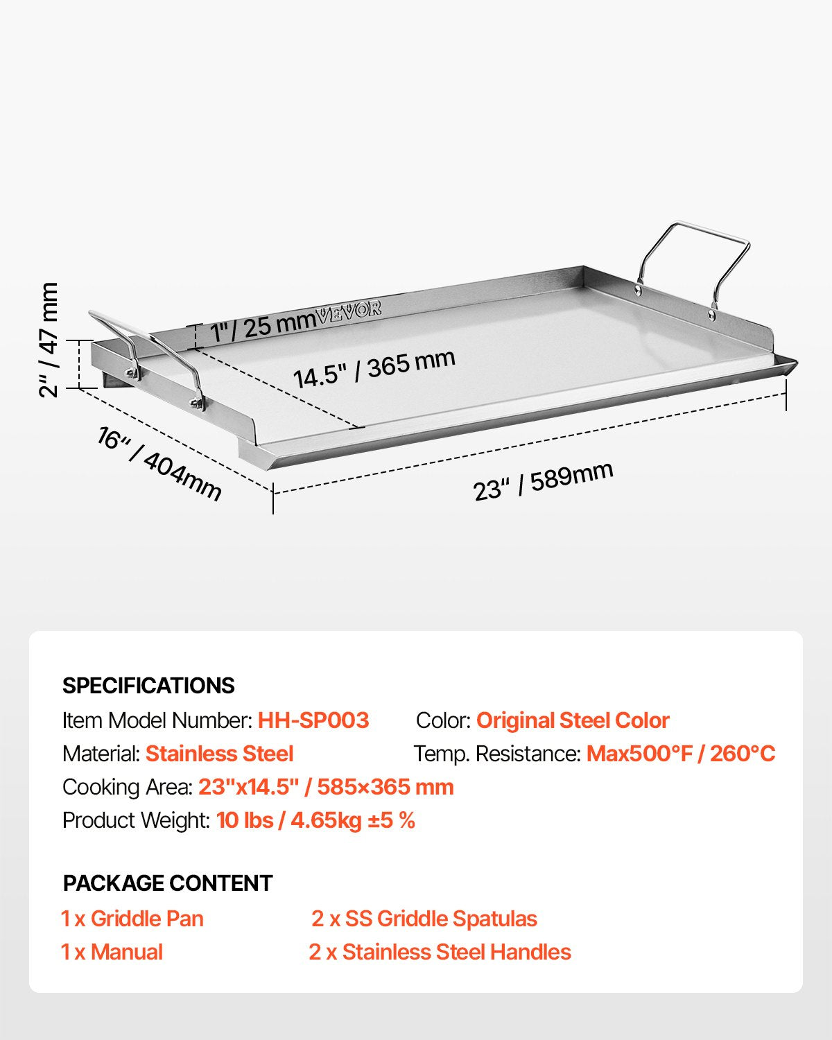 VEVOR Stainless Steel Griddle, 23x16 inch Universal Flat Top Rectangular Plate, Gas Grill Griddle for BBQ Grill, Teppanyaki, Portable Family Cookware with Handle, for Camping Tailgating Party - DCJPBXG2316IQ5MBZV0 - view 8