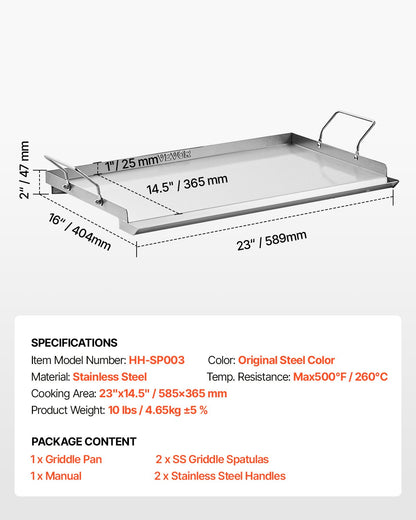 VEVOR Stainless Steel Griddle, 23x16 inch Universal Flat Top Rectangular Plate, Gas Grill Griddle for BBQ Grill, Teppanyaki, Portable Family Cookware with Handle, for Camping Tailgating Party - DCJPBXG2316IQ5MBZV0 - view 8