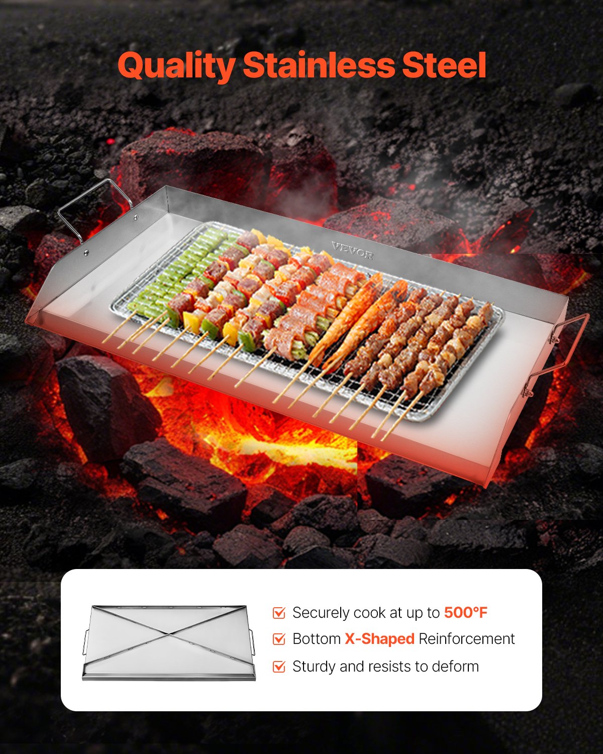 VEVOR Stainless Steel Griddle, 32x16 inch Universal Flat Top Rectangular Plate, Gas Grill Griddle for BBQ Grill, Teppanyaki, Portable Family Cookware with Handle, for Camping Tailgating Party - DCJPBXG3217INLUP8V0 - view 3