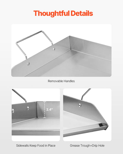 VEVOR Stainless Steel Griddle, 32x16 inch Universal Flat Top Rectangular Plate, Gas Grill Griddle for BBQ Grill, Teppanyaki, Portable Family Cookware with Handle, for Camping Tailgating Party - DCJPBXG3217INLUP8V0 - view 4