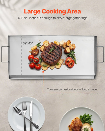 VEVOR Stainless Steel Griddle, 32x16 inch Universal Flat Top Rectangular Plate, Gas Grill Griddle for BBQ Grill, Teppanyaki, Portable Family Cookware with Handle, for Camping Tailgating Party - DCJPBXG3217INLUP8V0 - view 5