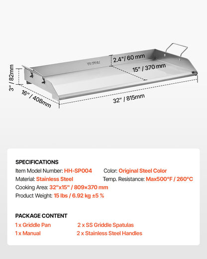 VEVOR Stainless Steel Griddle, 32x16 inch Universal Flat Top Rectangular Plate, Gas Grill Griddle for BBQ Grill, Teppanyaki, Portable Family Cookware with Handle, for Camping Tailgating Party - DCJPBXG3217INLUP8V0 - view 8