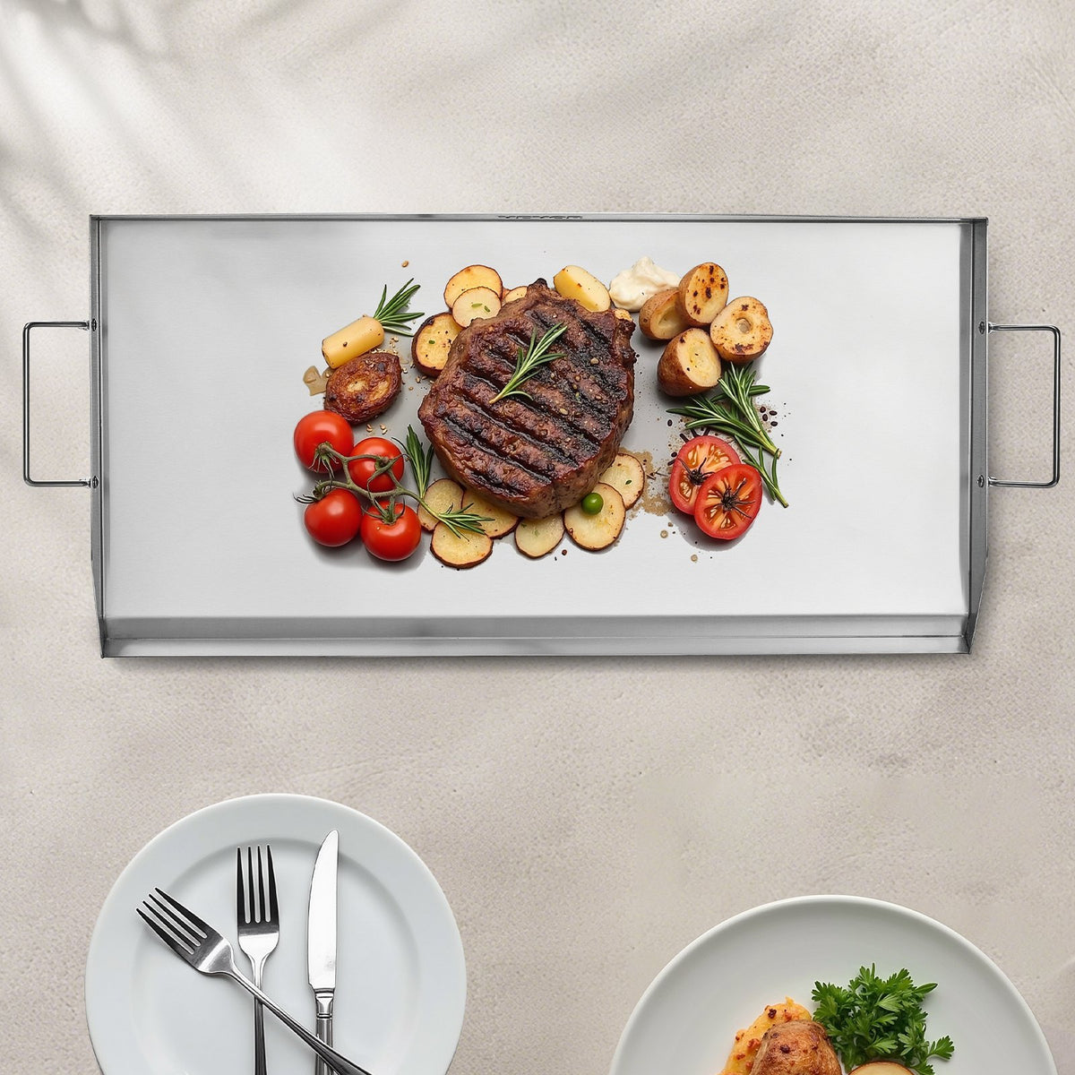 VEVOR Stainless Steel Griddle, 32x16 inch Universal Flat Top Rectangular Plate, Gas Grill Griddle for BBQ Grill, Teppanyaki, Portable Family Cookware with Handle, for Camping Tailgating Party - DCJPBXG3217INLUP8V0 - view 9
