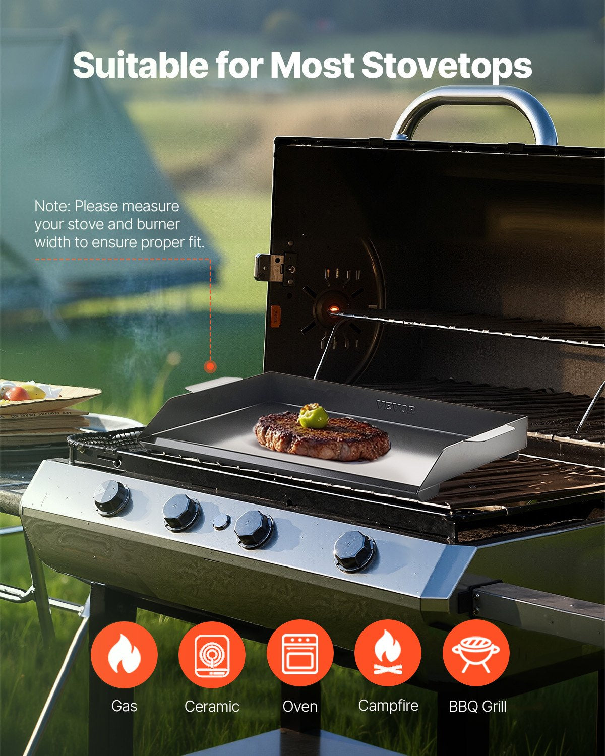 VEVOR Carbon Steel Griddle, 20x16 inch Universal Flat Top Rectangular Plate, Gas Grill Griddle for BBQ Grill, Teppanyaki, Portable Family Cookware, for Camping Tailgating Party, Black - DCJPTG2016INSC89SV0 - view 7
