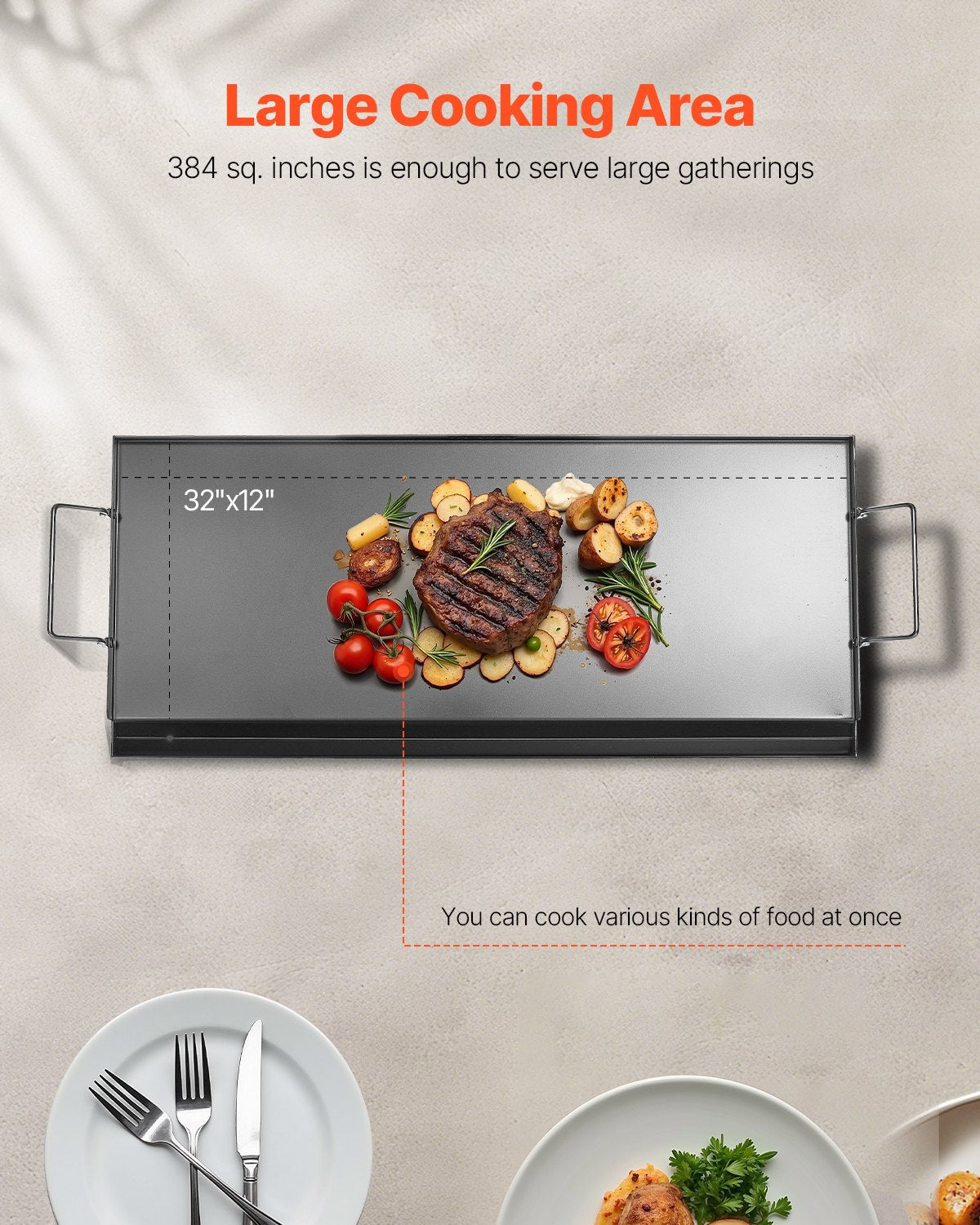 VEVOR Carbon Steel Griddle, 32x14 inch Universal Flat Top Rectangular Plate, Gas Grill Griddle for BBQ Grill, Teppanyaki, Portable Family Cookware with Handle, for Camping Tailgating Party - DCJPTG3214INVTJ16V0 - view 5