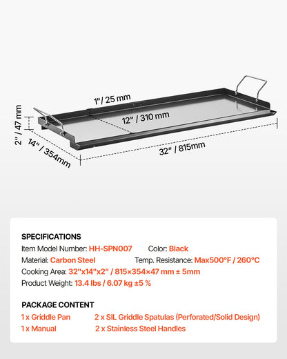 VEVOR Carbon Steel Griddle, 32x14 inch Universal Flat Top Rectangular Plate, Gas Grill Griddle for BBQ Grill, Teppanyaki, Portable Family Cookware with Handle, for Camping Tailgating Party - DCJPTG3214INVTJ16V0 - view 8