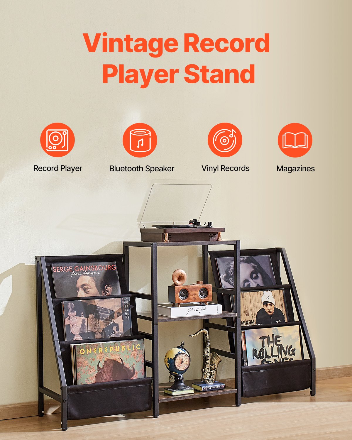 VEVOR Record Player Stand, 3 Tiers Metal Vinyl Record Stand, Turntable Stand with Record Holder Vinyl Display Shelf, Wooden Record Holder Ideal for Bedroom, Living Room, Black - DCJZJSLK3CTM3RBUOV0 - view 3