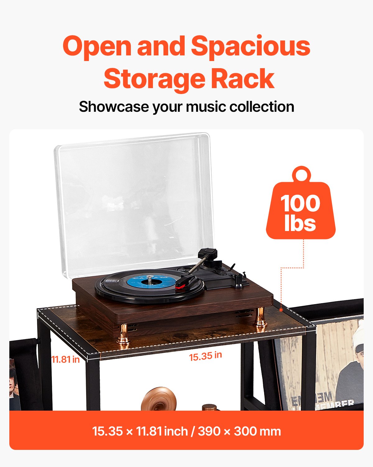 VEVOR Record Player Stand, 3 Tiers Metal Vinyl Record Stand, Turntable Stand with Record Holder Vinyl Display Shelf, Wooden Record Holder Ideal for Bedroom, Living Room, Black - DCJZJSLK3CTM3RBUOV0 - view 5
