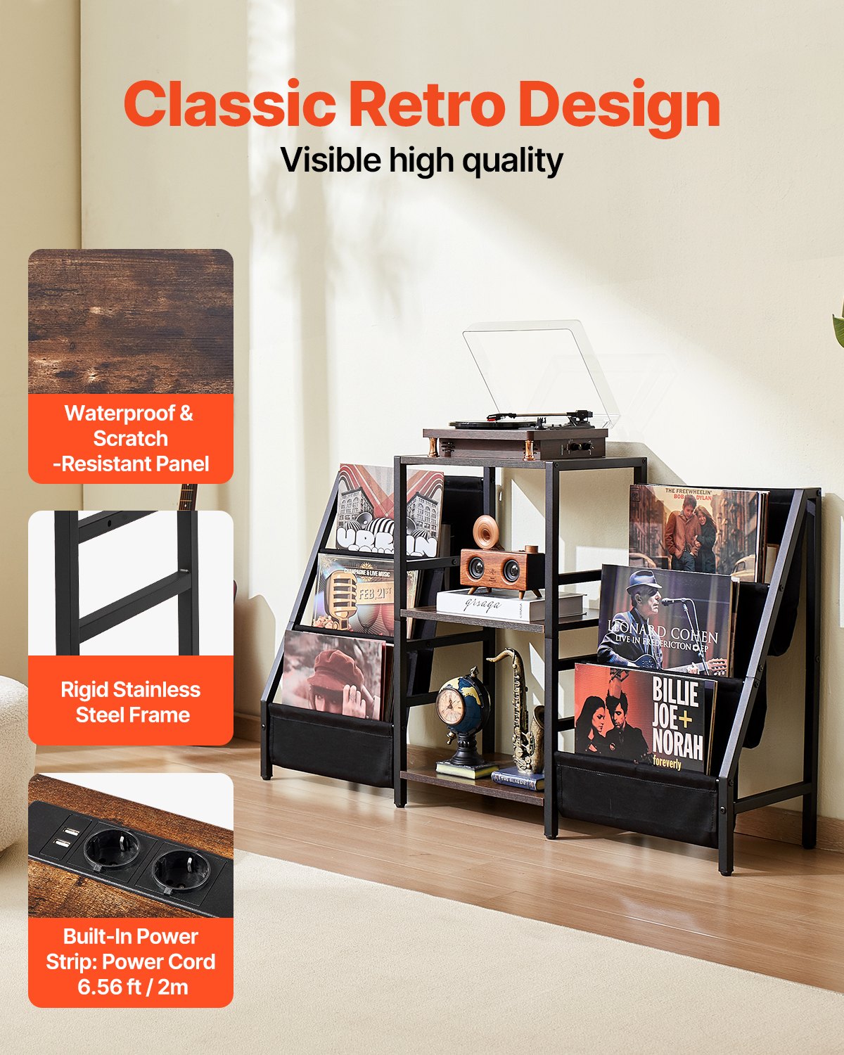 VEVOR Record Player Stand, 3 Tiers Metal Vinyl Record Stand, Turntable Stand with Record Holder Vinyl Display Shelf, Wooden Record Holder Ideal for Bedroom, Living Room, Black - DCJZJSLK3CTM3RBUOV0 - view 6