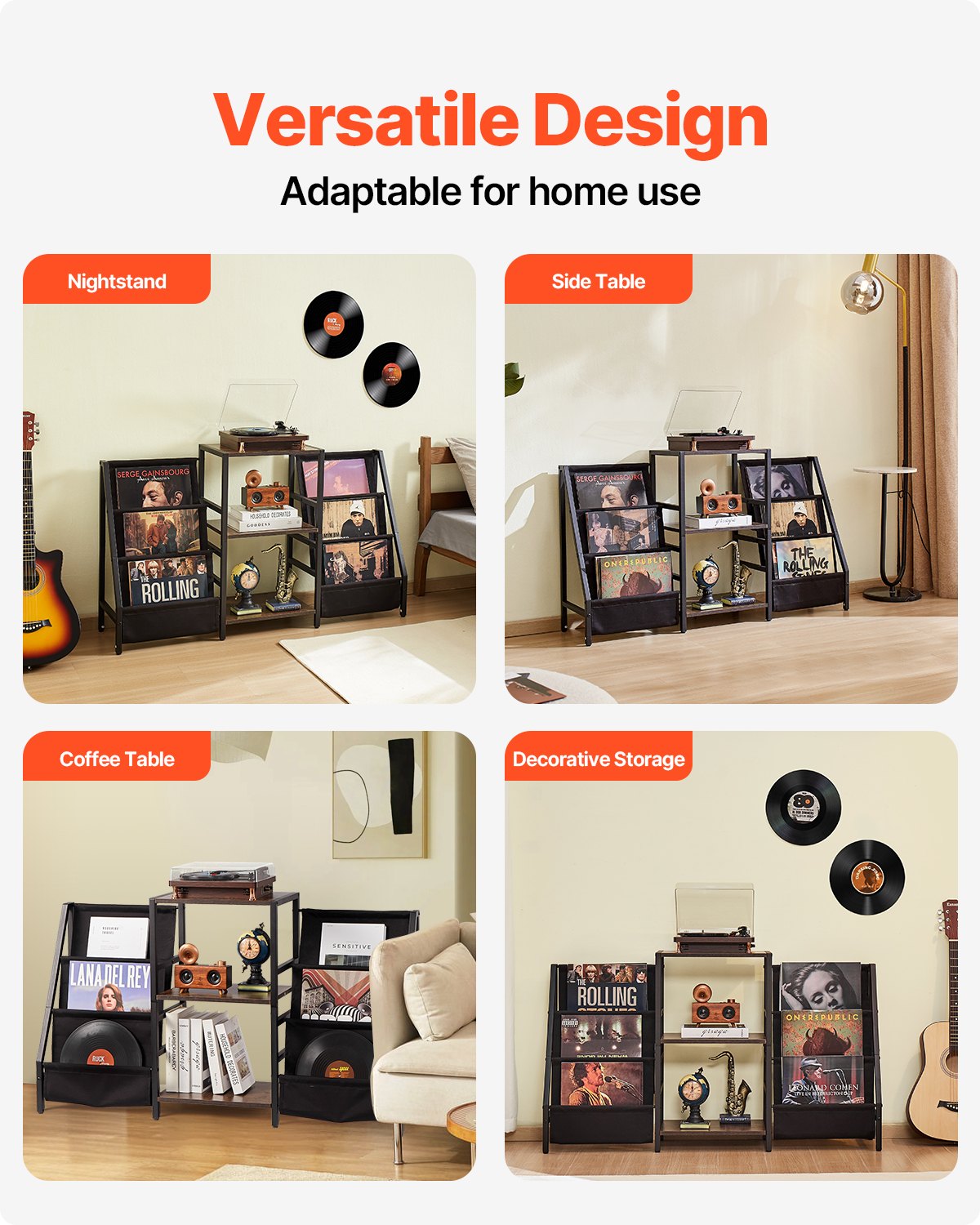 VEVOR Record Player Stand, 3 Tiers Metal Vinyl Record Stand, Turntable Stand with Record Holder Vinyl Display Shelf, Wooden Record Holder Ideal for Bedroom, Living Room, Black - DCJZJSLK3CTM3RBUOV0 - view 7