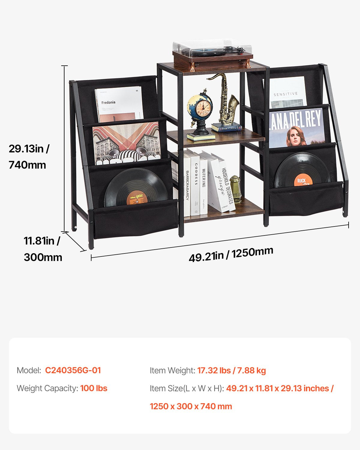 VEVOR Record Player Stand, 3 Tiers Metal Vinyl Record Stand, Turntable Stand with Record Holder Vinyl Display Shelf, Wooden Record Holder Ideal for Bedroom, Living Room, Black - DCJZJSLK3CTM3RBUOV0 - view 8
