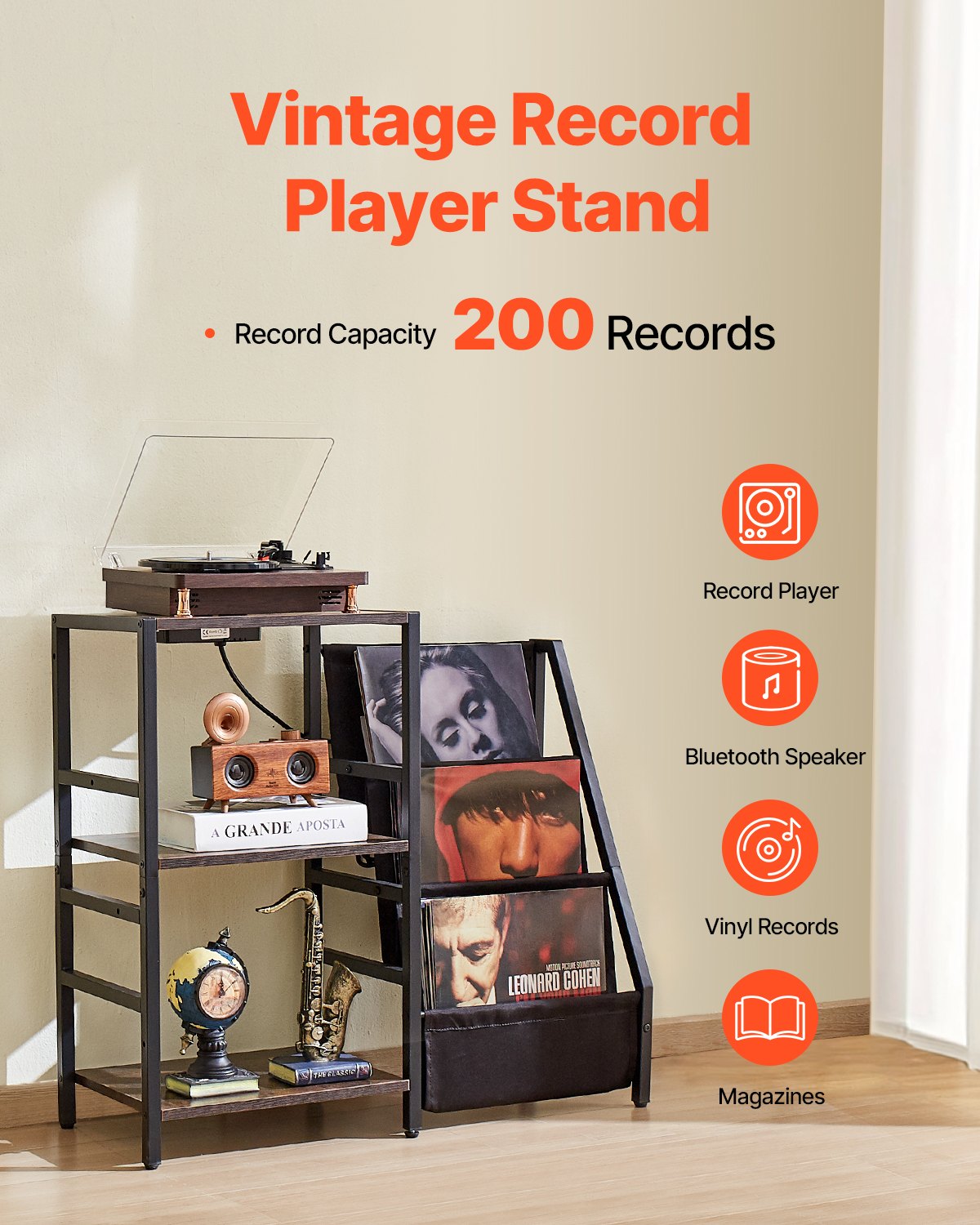 VEVOR Record Player Stand with Charging Station & USB Ports, Holds up to 200 Albums, 3-Tier Turntable Stand with Vinyl Record Storage, Record Player Table with Display Shelf for Bedroom, Living Room - DCJZJSLK3CTMHIBPIV1 - view 3
