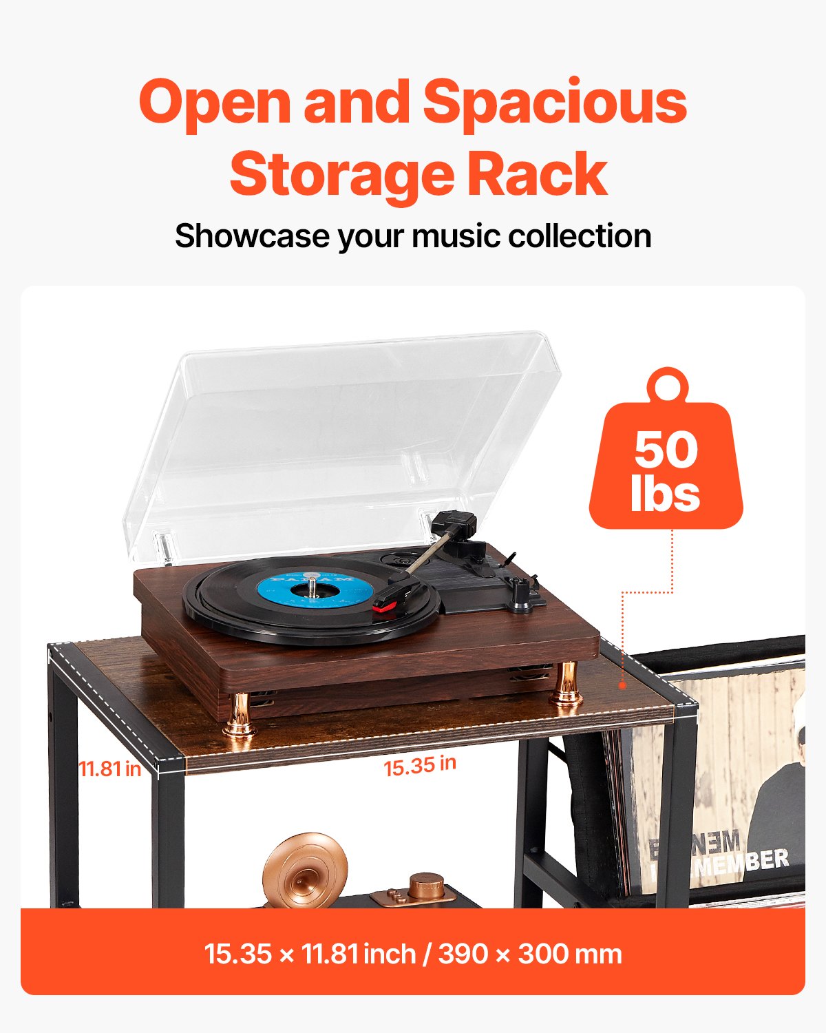 VEVOR Record Player Stand with Charging Station & USB Ports, Holds up to 200 Albums, 3-Tier Turntable Stand with Vinyl Record Storage, Record Player Table with Display Shelf for Bedroom, Living Room - DCJZJSLK3CTMHIBPIV1 - view 5