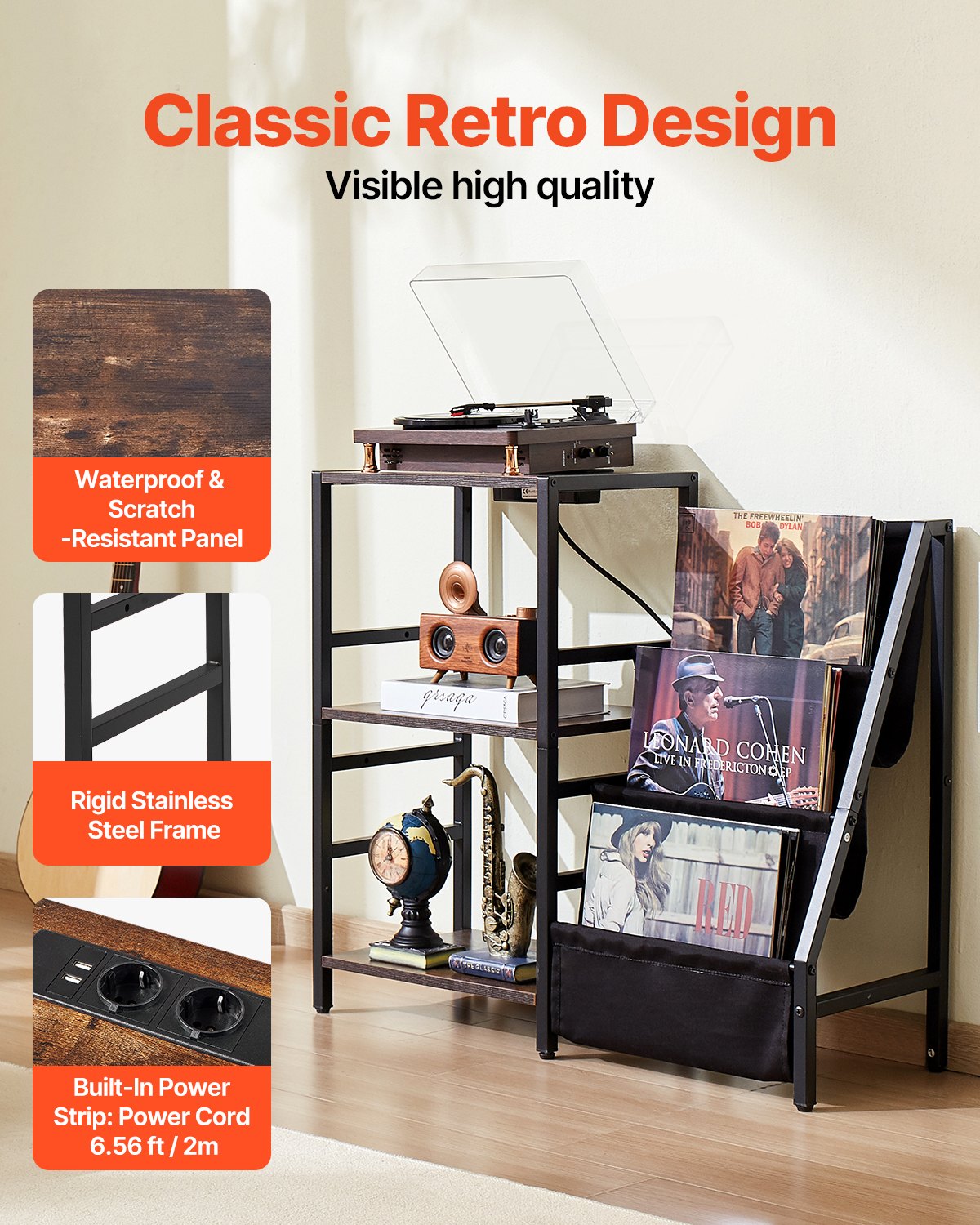 VEVOR Record Player Stand with Charging Station & USB Ports, Holds up to 200 Albums, 3-Tier Turntable Stand with Vinyl Record Storage, Record Player Table with Display Shelf for Bedroom, Living Room - DCJZJSLK3CTMHIBPIV1 - view 6