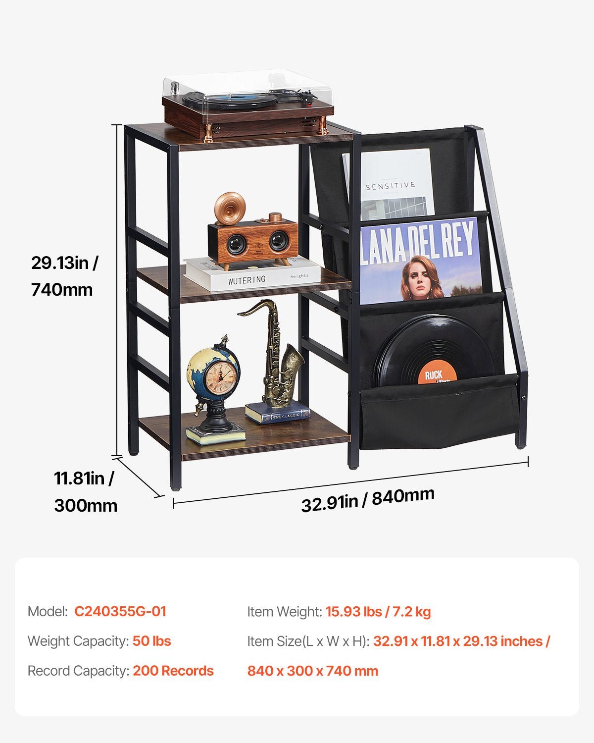 VEVOR Record Player Stand with Charging Station & USB Ports, Holds up to 200 Albums, 3-Tier Turntable Stand with Vinyl Record Storage, Record Player Table with Display Shelf for Bedroom, Living Room - DCJZJSLK3CTMHIBPIV1 - view 8