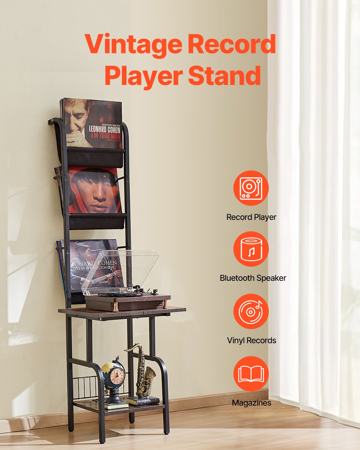 VEVOR Record Player Stand, 5 Tiers Tall Vinyl Record with Charging Station & USB Ports, Turntable Stand with Record Holder Display Shelf for Living Room, Bedroom, Black - DCJZJTM5CJGK5E43WV1 - view 3