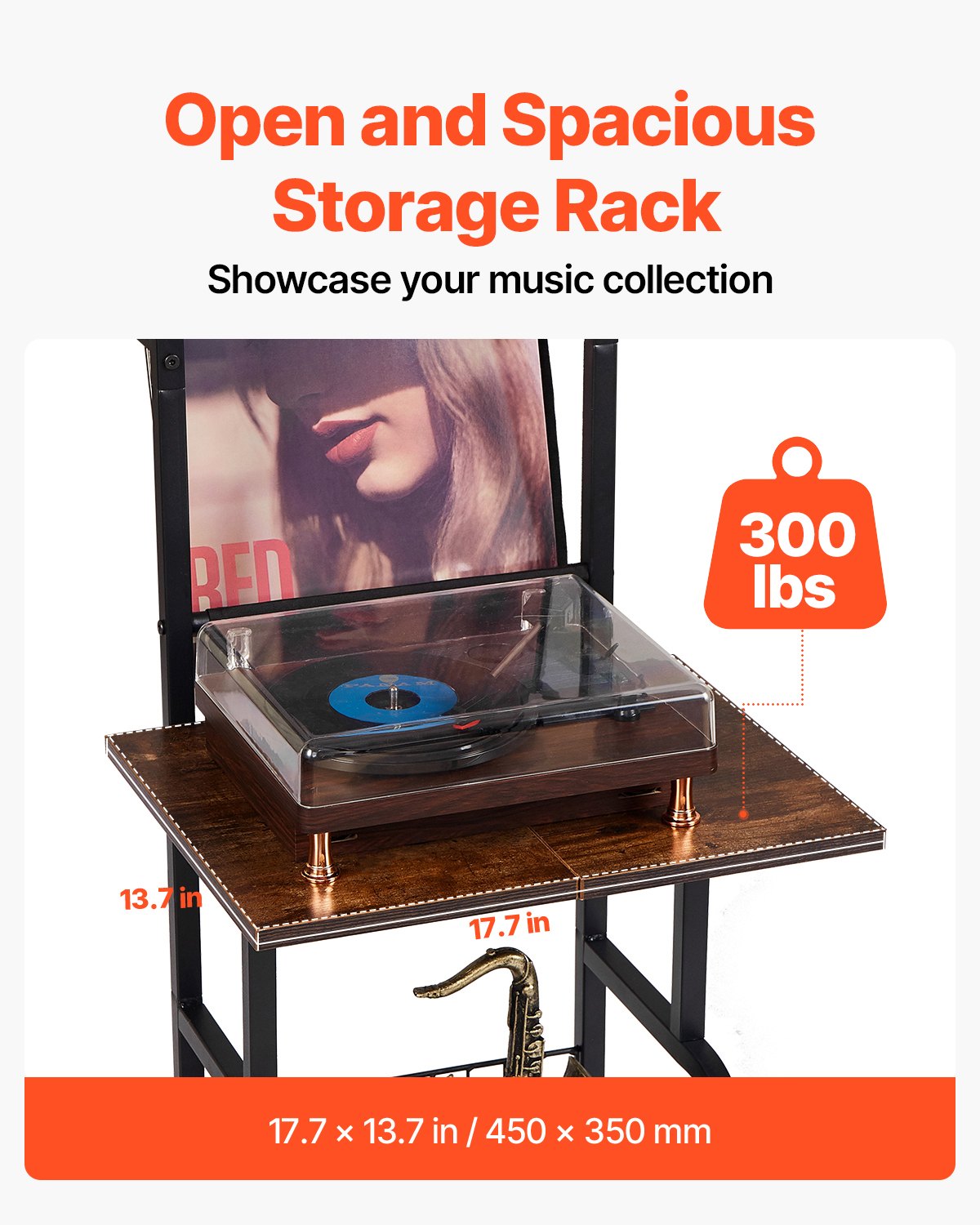 VEVOR Record Player Stand, 5 Tiers Tall Vinyl Record with Charging Station & USB Ports, Turntable Stand with Record Holder Display Shelf for Living Room, Bedroom, Black - DCJZJTM5CJGK5E43WV1 - view 5