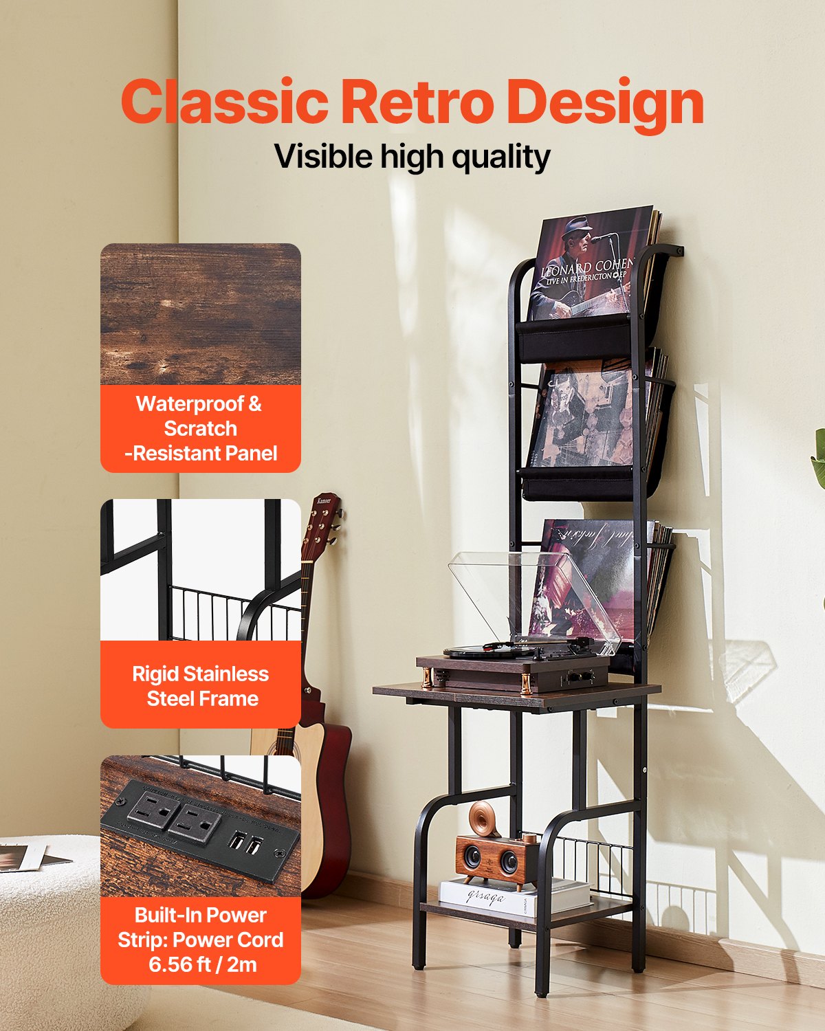 VEVOR Record Player Stand, 5 Tiers Tall Vinyl Record with Charging Station & USB Ports, Turntable Stand with Record Holder Display Shelf for Living Room, Bedroom, Black - DCJZJTM5CJGK5E43WV1 - view 6