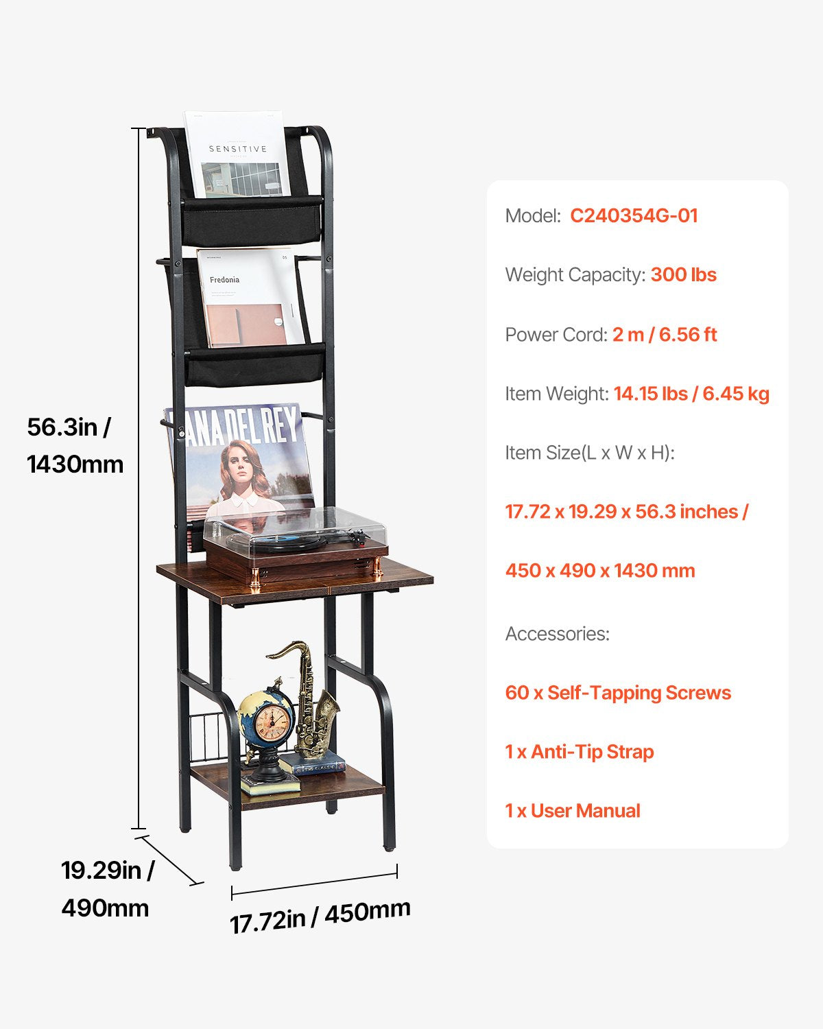 VEVOR Record Player Stand, 5 Tiers Tall Vinyl Record with Charging Station & USB Ports, Turntable Stand with Record Holder Display Shelf for Living Room, Bedroom, Black - DCJZJTM5CJGK5E43WV1 - view 8